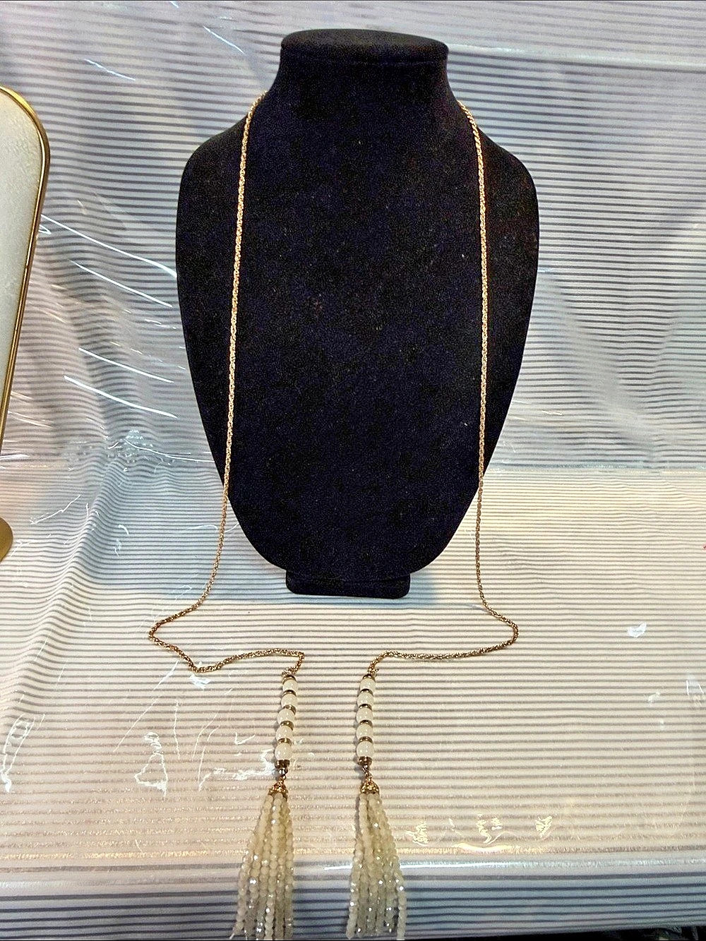 Beaded Tassel Necklace in White & Gold Like New